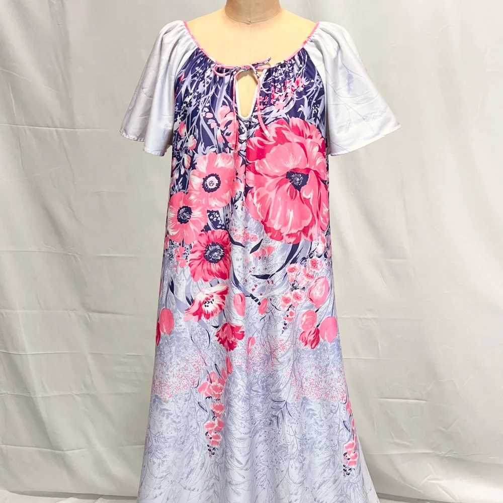 VINTAGE 60s 70s floral house dress‎ nightgown long maxi short flutter sleeve